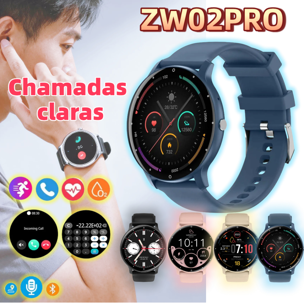 ​​ZW02pro Smartwatch/Relógio Bluetooth Inteligente impermeável, Monitoramento Cardíaco,100+ Modos Recebe Chamadas​​ em Oferta na Shopee