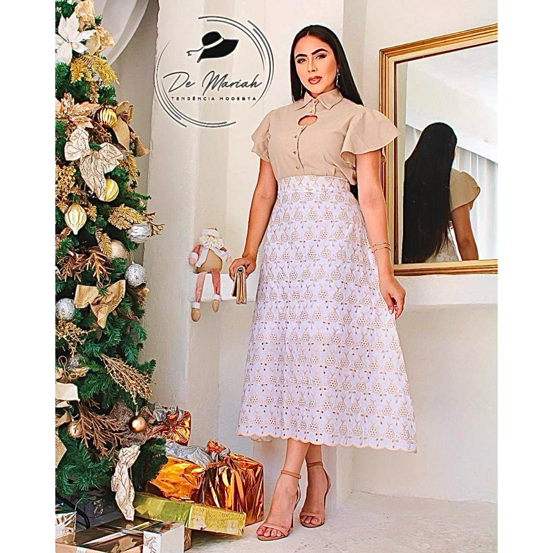 Saia feminina em lese bordada off forrada Feminino | Moda Modesta Cristã | Elegância Natural