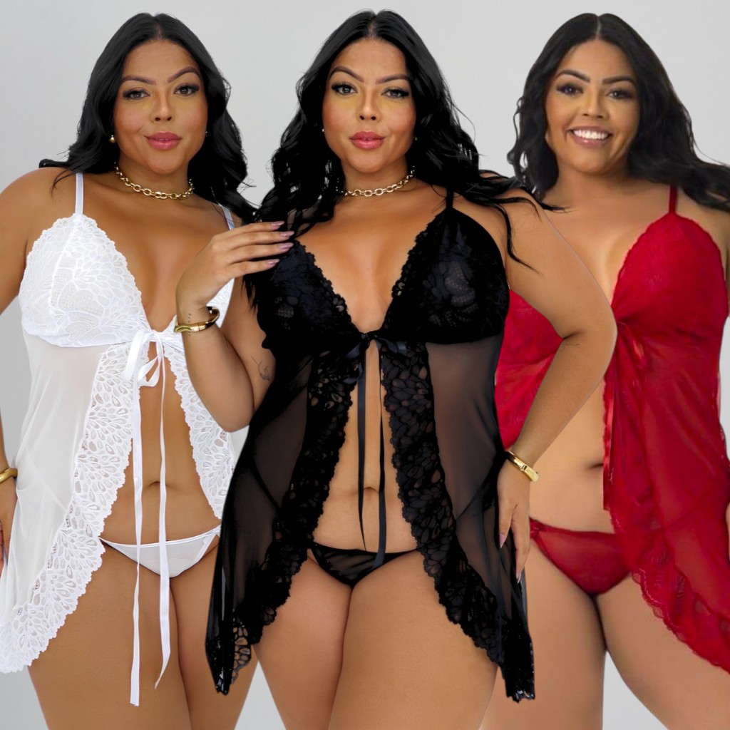 Kit 3 Camisolas Plus Size Sensual Feminina Lingerie de Renda e Tule com Calcinha Transparente Plus