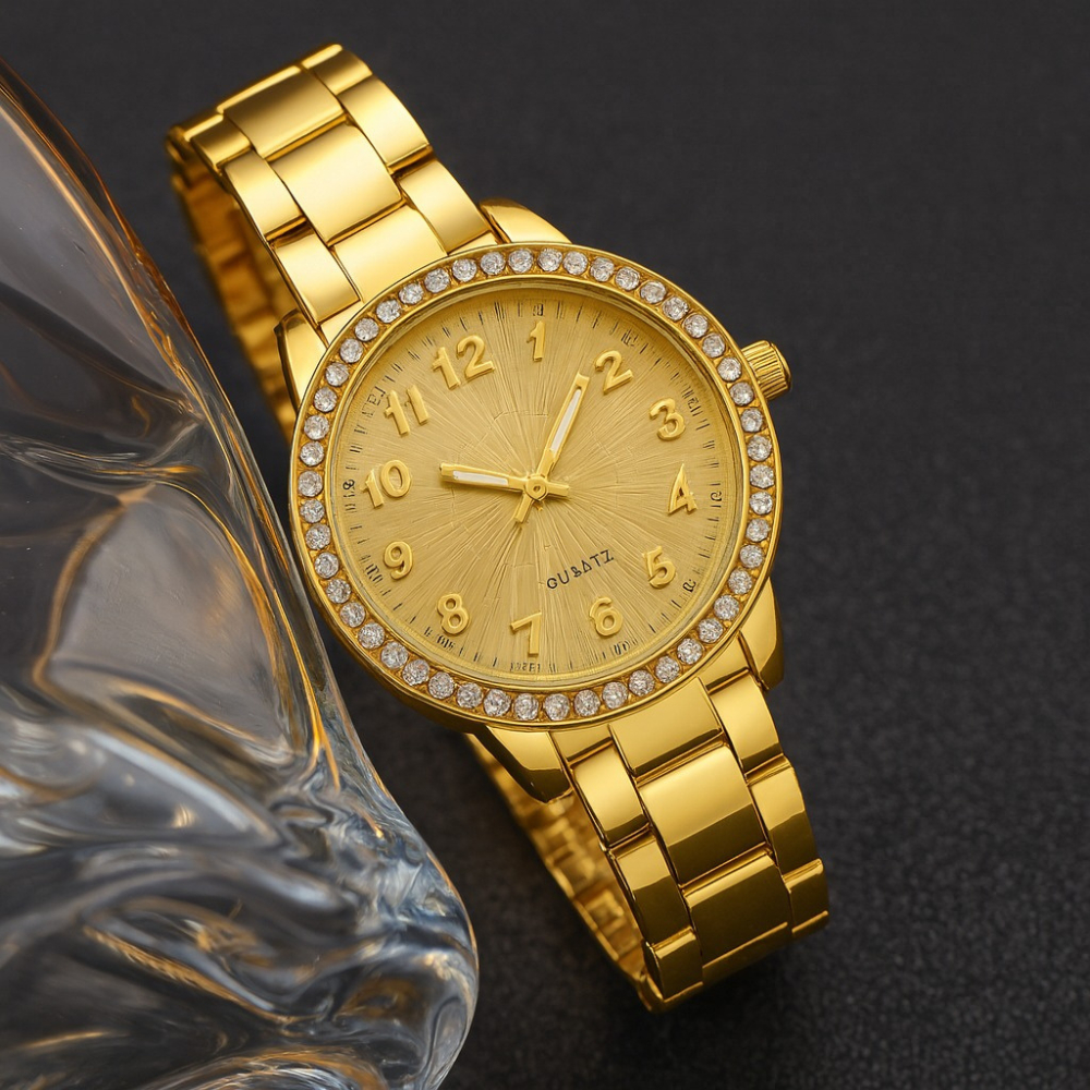 Foto do produto Kit Relógio Feminino Dourado Banhado a Ouro 18k + Pulseira Original Dourada Aço Inoxidável em Moda &?