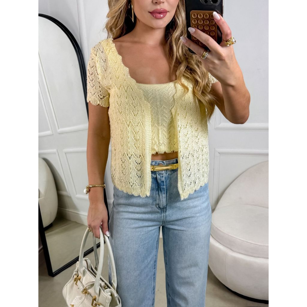 Blusa Bolero Cropped Feminina Tricot Rendado Conjunto Crochê