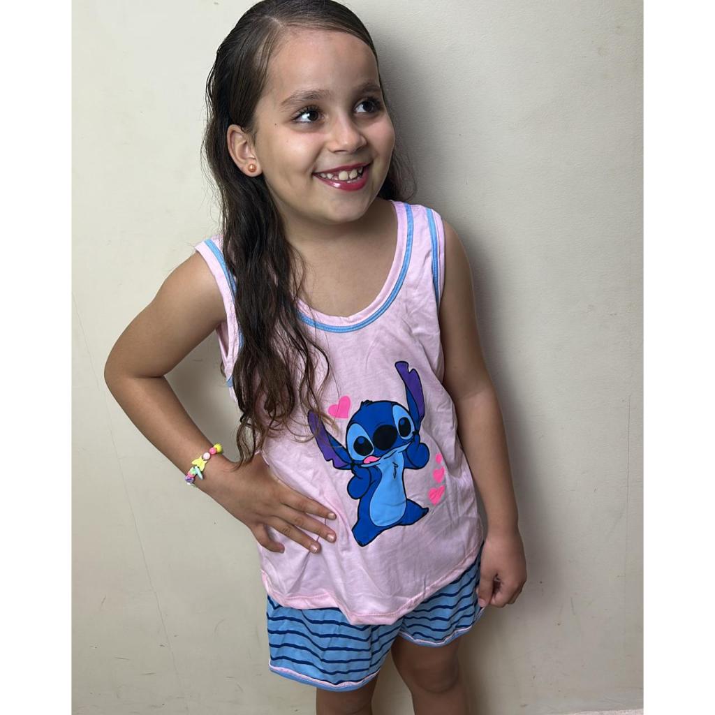 Pijama stitch infantil menina conjunto regata bermuda confortável estiloso verão juvenil