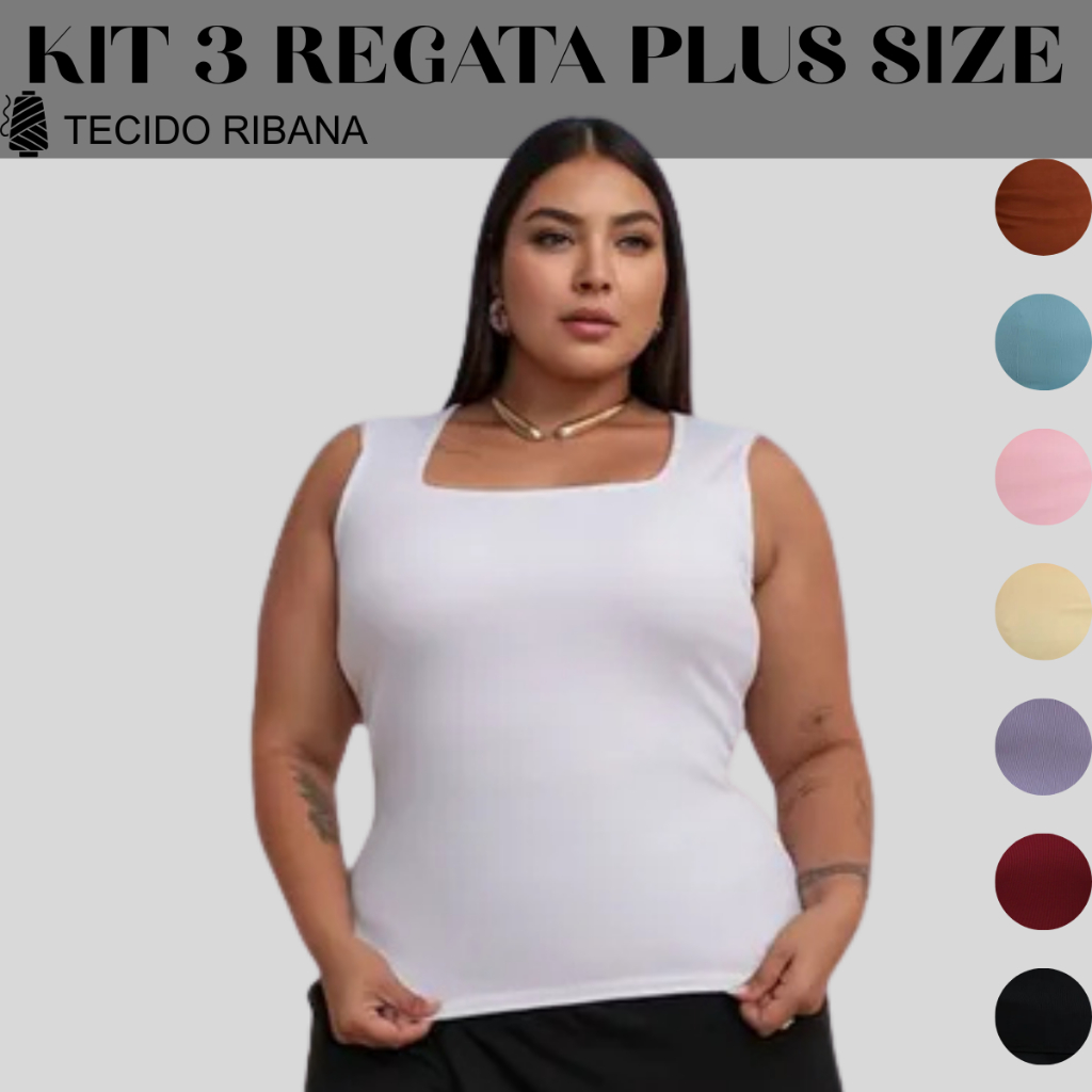 KIT 3 Blusa Regata Plus Size Social Chique com Gola Quadrada Verão Primavera Moda Feminina Plus