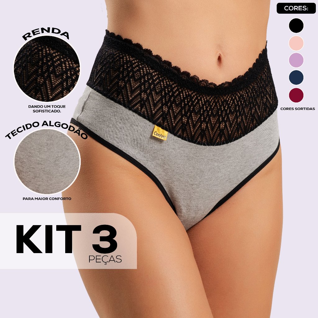 Kit 3 Calcinhas 100% Algodão com Cós Alto em Renda Feminina Transparente Atacado em Oferta na Shopee