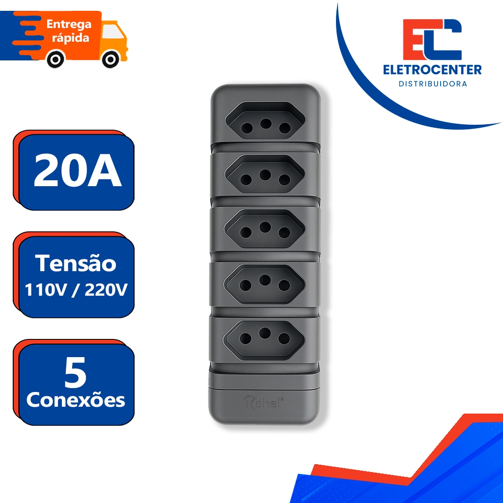 Régua Tomada Em Barra Quíntupla P/ Extensão Elétrica 2P+T 20A Preta