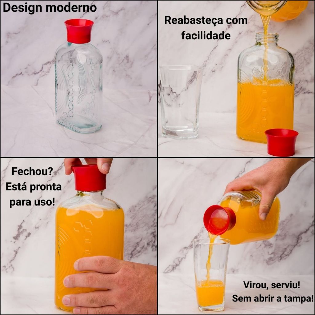 Kit 2 Garrafas Vidro 1L Geladeira Água Suco Tampa Automática — imagem 2 de 2