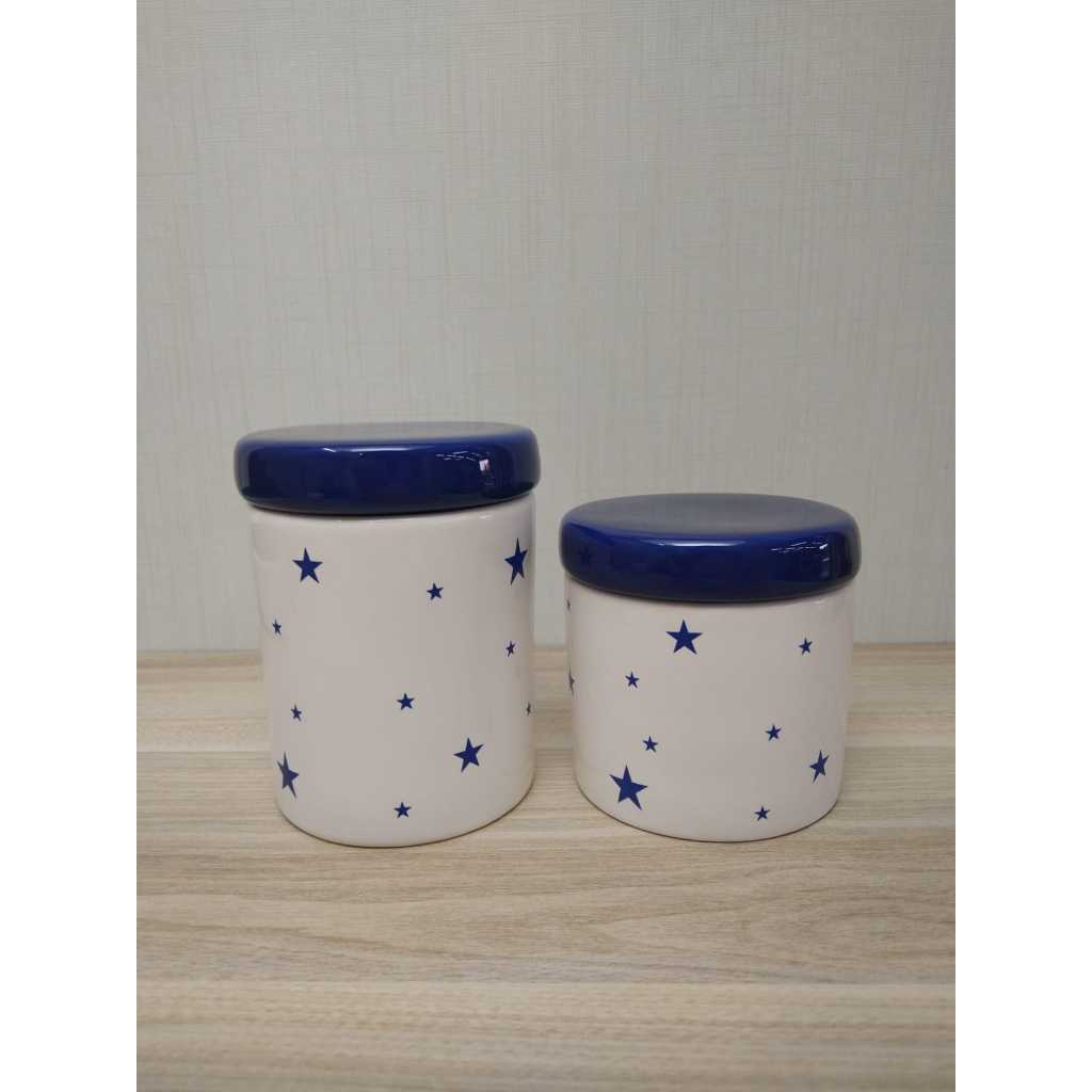 Par de Potes de Porcelana Estrela Azul Marinho com Tampa Azul Marinho Porta Algodão e Porta Cotonete