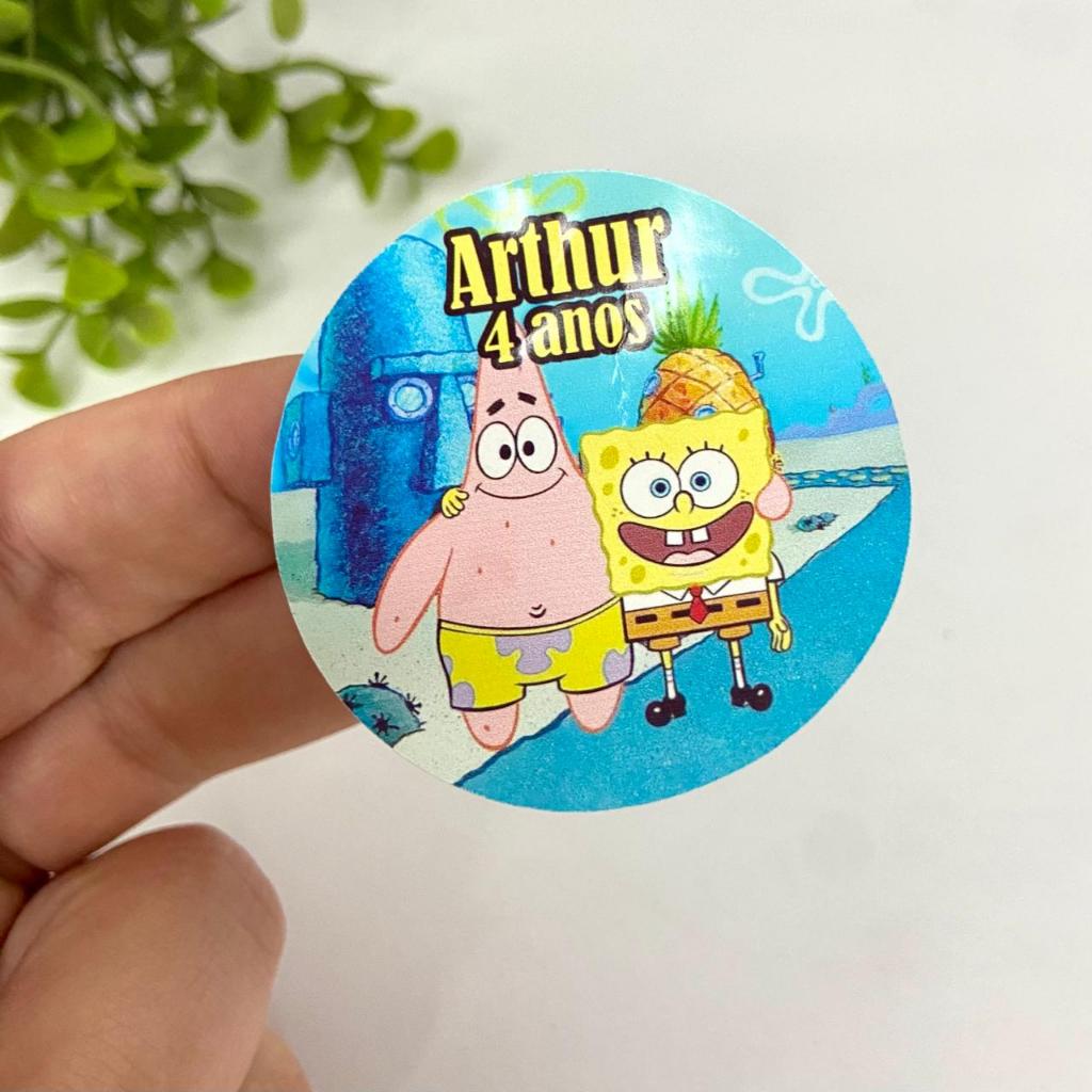 Kit Teg Adesivos Rótulos Redondo Personalizado 4X4 e 5X5 CM Festa Aniversario BOB ESPONJA