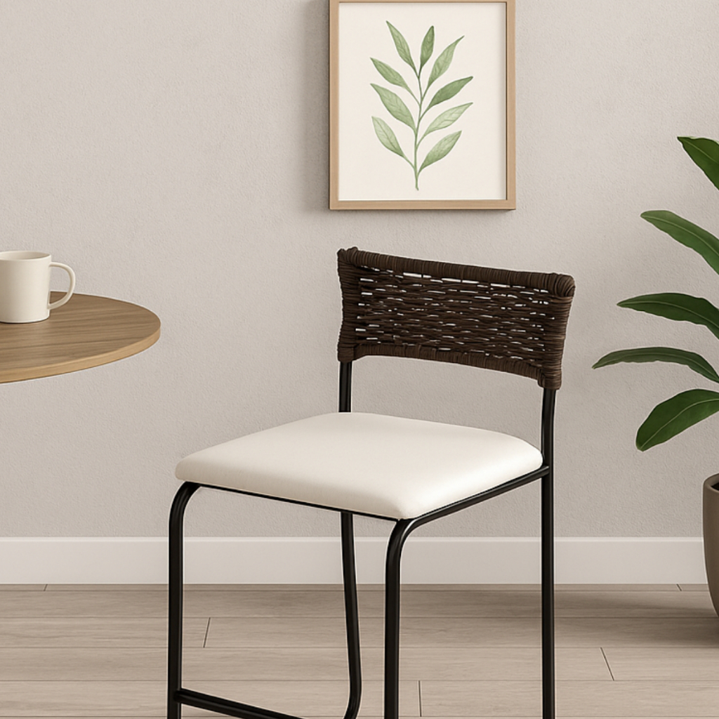 Banqueta Baixa Trançada em Junco Estrutura Reforçada Estilo Rústico para Casa e Cozinha