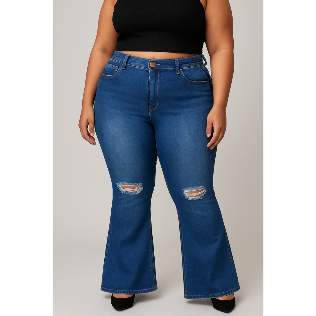 Calça Flare Jeans Clara Rasgada Manchada Feminina Plus Size