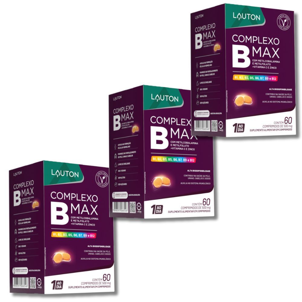 Complexo B Max com Zinco Quelato Biotina Ácido Fólico Premium Lauton - Kit 3