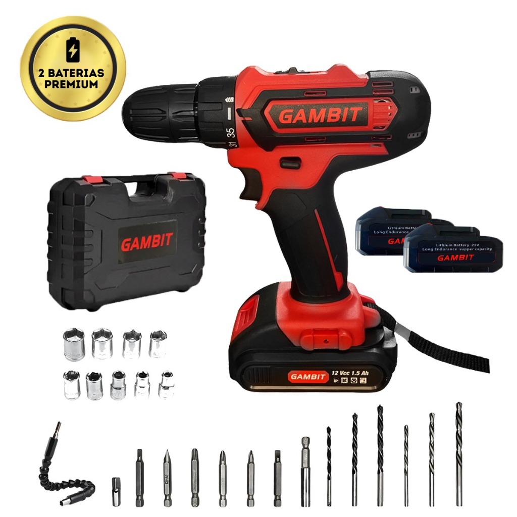 Furadeira Parafusadeira Gambit 2 BATERIAS 12V | Sem Fio | Maleta + Bivolt | Madeira e Metal