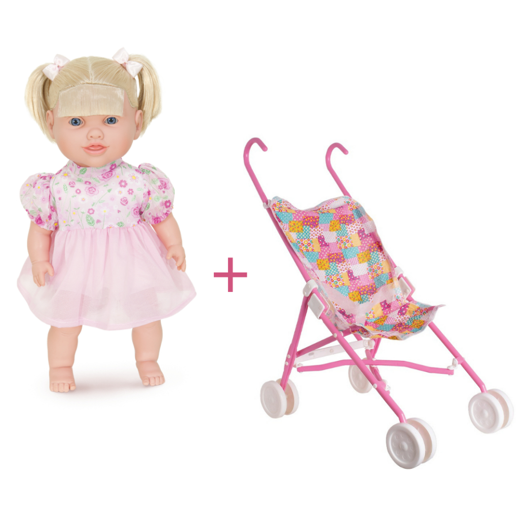 Boneca Athína Cantigas Loira mamadeira magica vinil mais carrinho de passeio dobrável