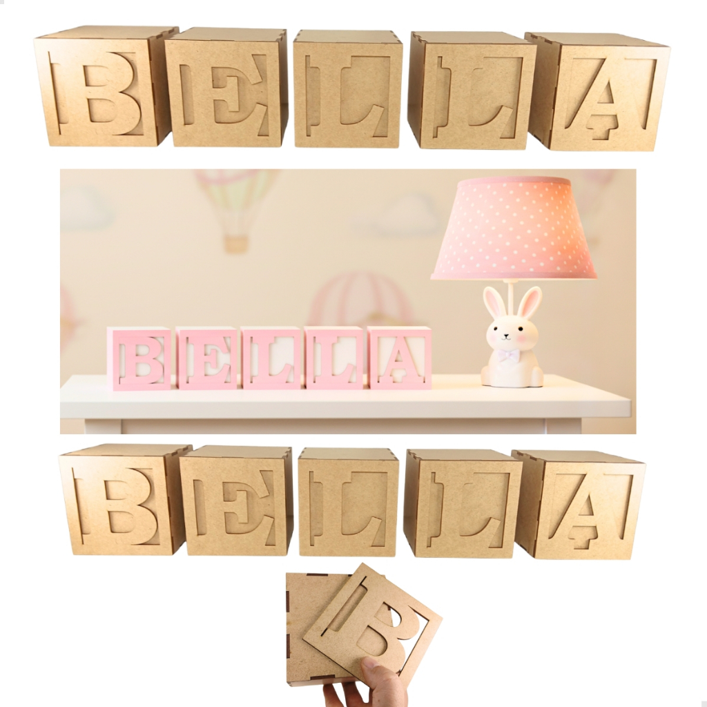 5 Cubos MDF Moldura + Letra Nome Bebê 10cm Dado Decoração de Festa Decoração Chá de Bebê e Revelação