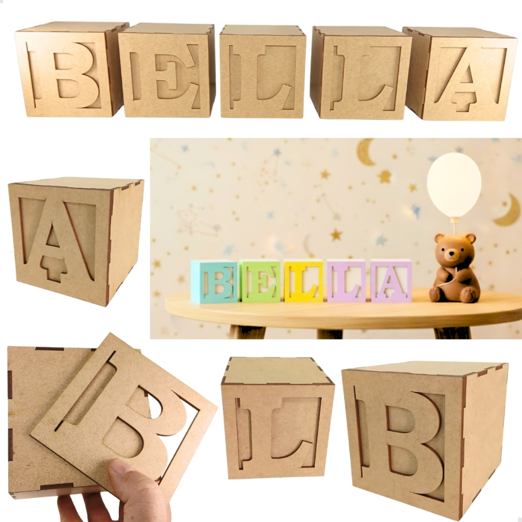 5uni Cubo Dado MDF Personalizado Quarto de Bebê 10cmx10cm Alfabeto Decoração Chá de Bebê Revelação
