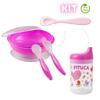 Kit Refeição Infantil Luxo 6 Peças Prato com Ventosa + Talheres + Copo Educativo Pratinho Bebê em Oferta na Shopee