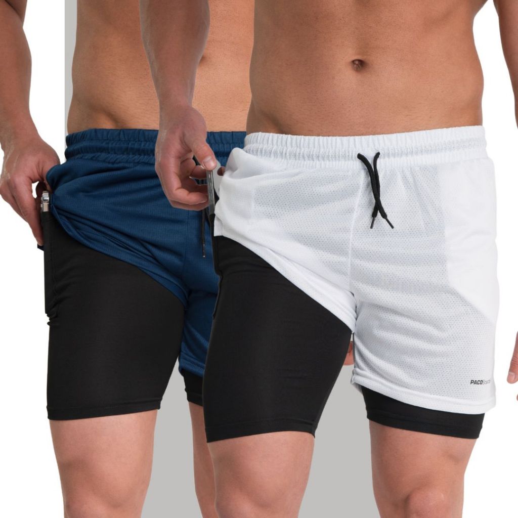 Kit 2 Shorts Academia Masculino 2em1 Dryfit com ProteçãoUV Bolso Oculto Bermuda de compressão
