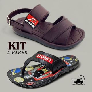 Kit 2 Pares Sandália Infantil Menino NOVA ONDA + Chinelo Infantil Masculino TRATORADO Personagens