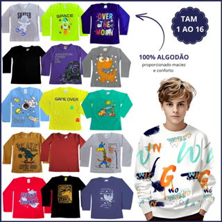 Kit 6 Camiseta Manga Longa Infantil Menino Masculino Meia Estação em Algodão Liso  Estampado 1 ao 16 em Oferta na Shopee