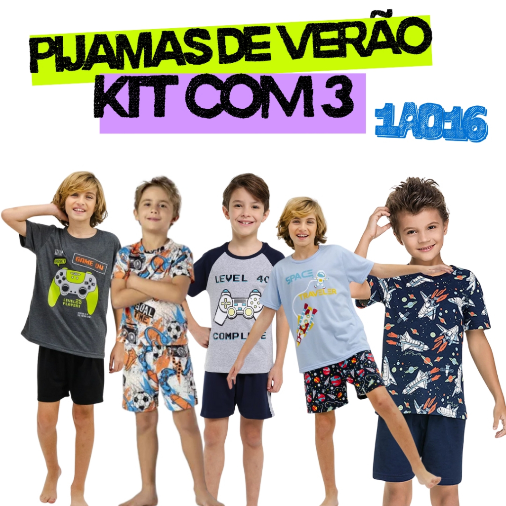 Kit 3 Pijama Infantil Verão Menino Masculino Short e Camiseta Manga Curta em Algodão 1 ao 16