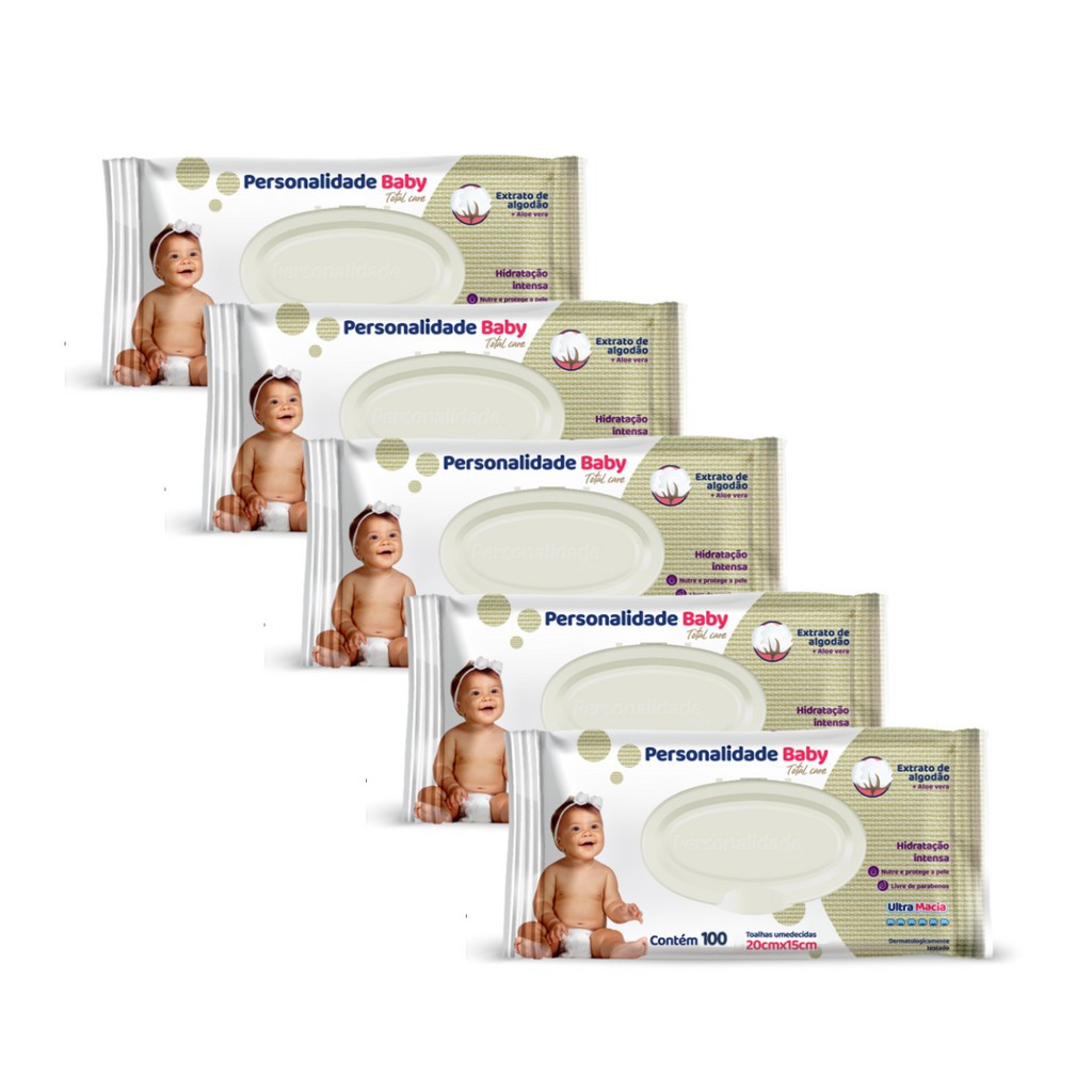 Kit 5 Pacotes Toalhas Umedecidas Personalidade Baby 100 Cada  (500 total)