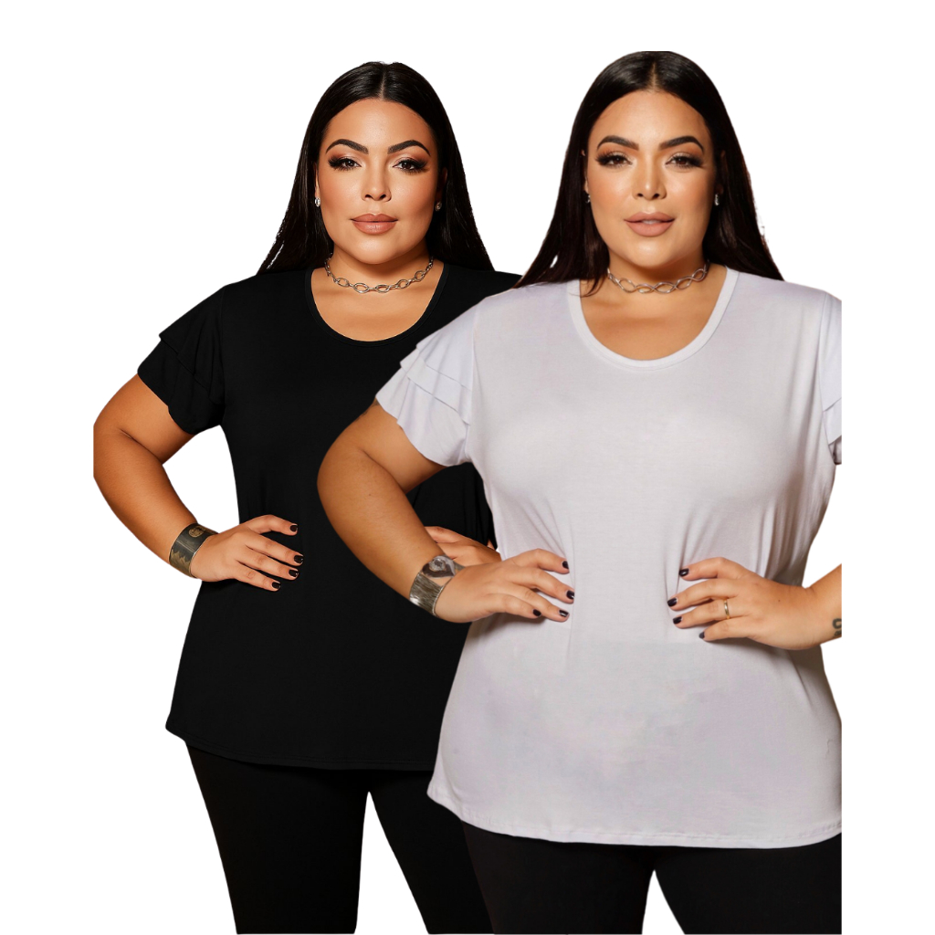 Kit 2 Blusas Plus Size Feminina Viscolycra Com Babado na Manga Conforto E Estilo