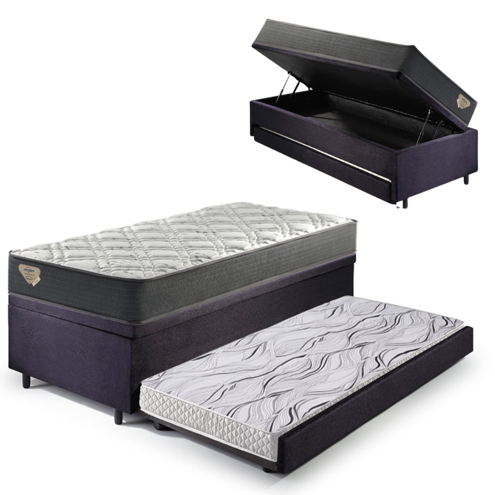 Bicama Box Baú Solteiro 88x188 em Suede Preto com Colchão Adapto Molas Ensacadas Ecoflex (Cama Box)
