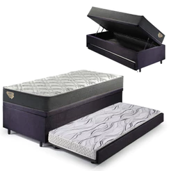 Bicama Box Baú Solteiro 88x188 em Suede Preto com Colchão Adapto Molas Ensacadas Ecoflex (Cama Box)