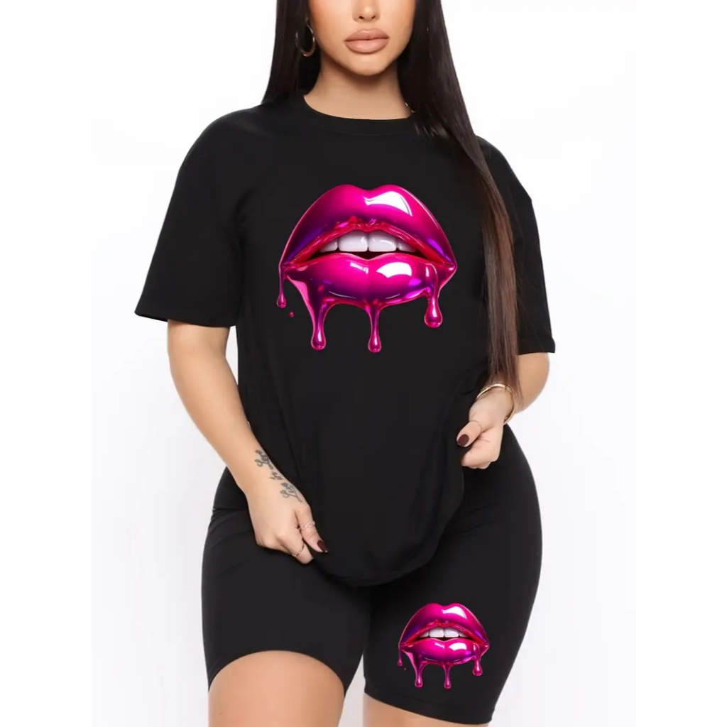 Conjunto Feminino Camiseta+Bermuda Academia Cós Alto Zero Transparência Lábios Rosa Tendencia