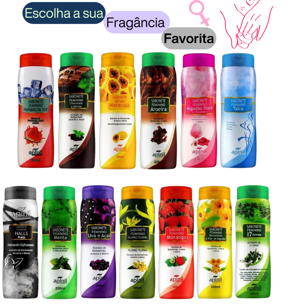 Sabonete Íntimo Feminino Apinil – Aroeira, Talco, Menta, Morango, Hortelã, Hot, Haus Preto, 17 ervas