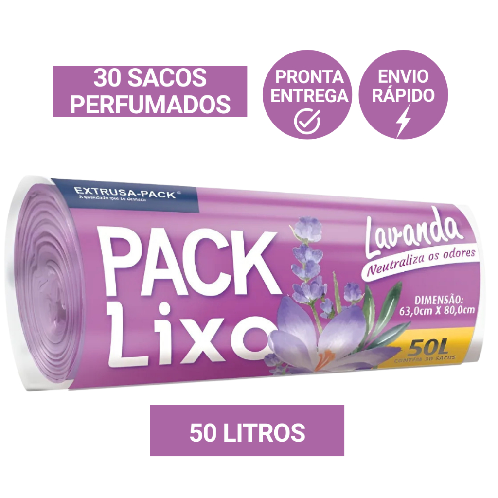 Saco de Lixo 50 Litros Perfumados Lavanda Anti Odores e Insetos Kit com 30 Sacos Banheiro Cozinha