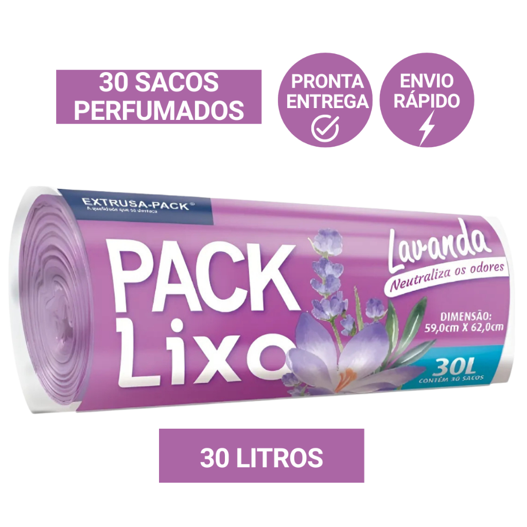 Saco de Lixo 30 Litros Perfumados Lavanda Anti Odores e Insetos Kit com 30 Sacos Banheiro Cozinha