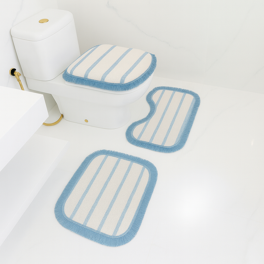 Kit Tapete Banheiro com 3 peças algodão boho Jogo de Banheiro Decoração listras com franja