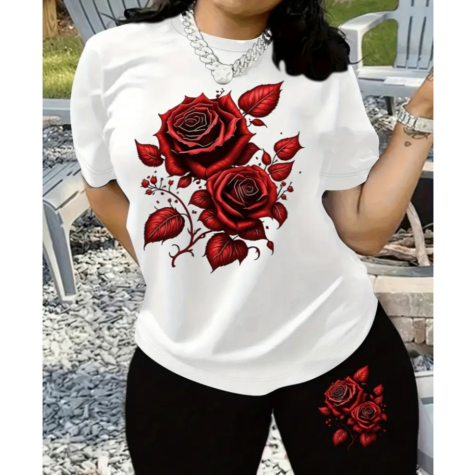 conjunto feminino academia camiseta+bermuda leggings cós alto zero transparência flores rosas vermelha