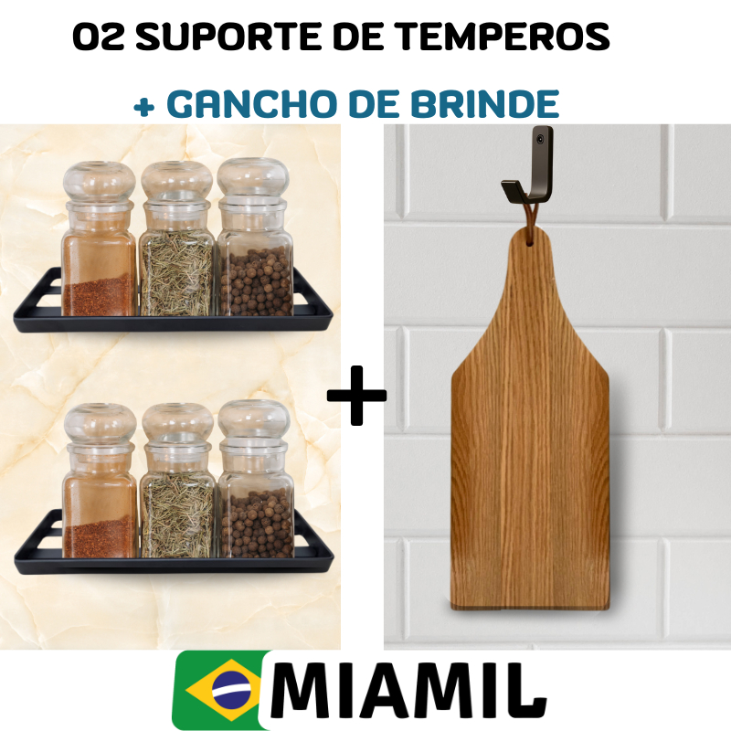 Kit de Cozinha com 02 Prateleira Suporte Organizador Porta Temperos em Aço e Gancho de Brinde