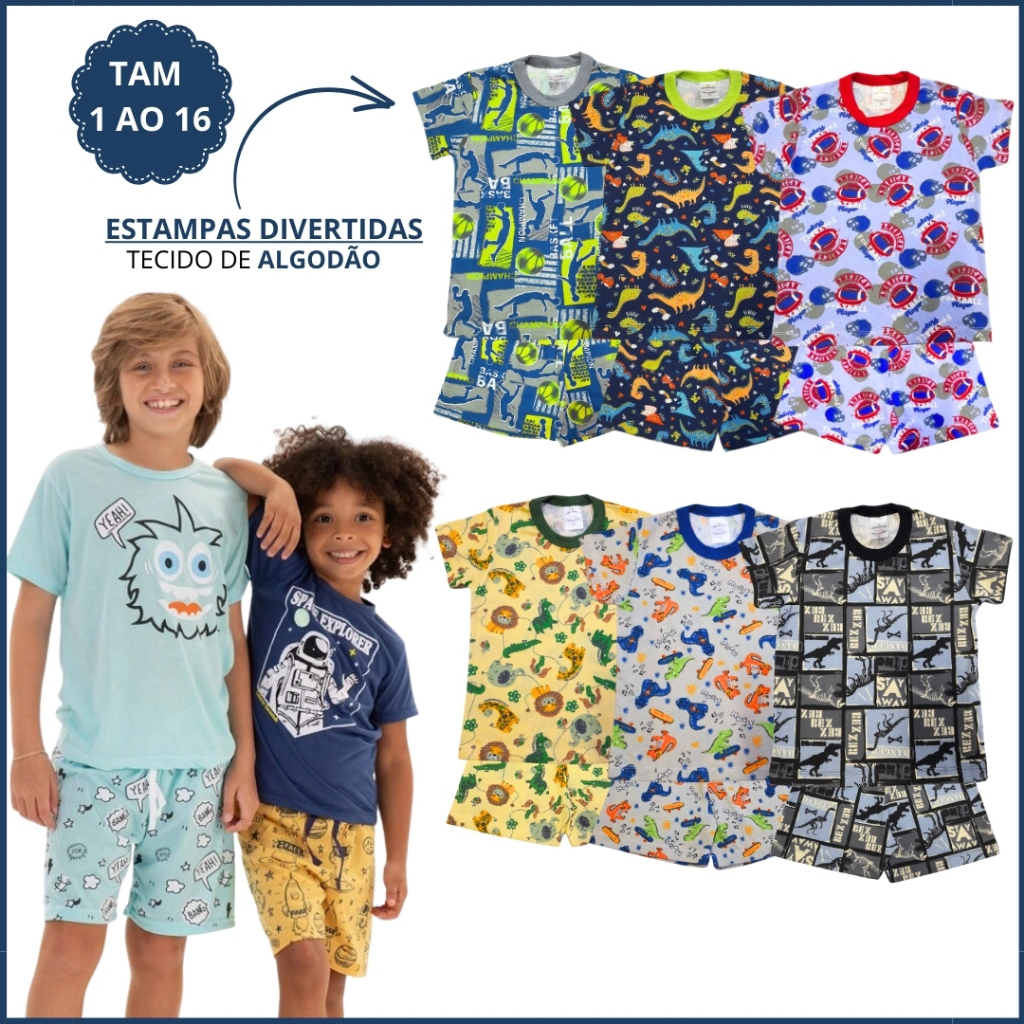 Kit 2 Pijama Infantil Menino Verão Conjunto Masculino Camiseta Manga curta e Bermuda Algodão 1 ao 16