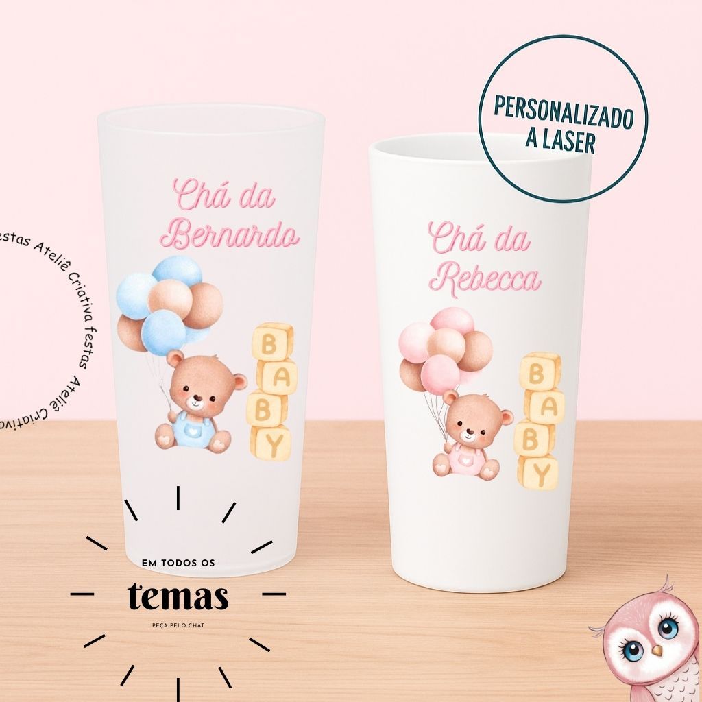 Kit Copos Long Drink Personalizado Cha de Revelação Ursinho Azul Lembrancinha Festa Infantil Chá de Bebê Aniversário