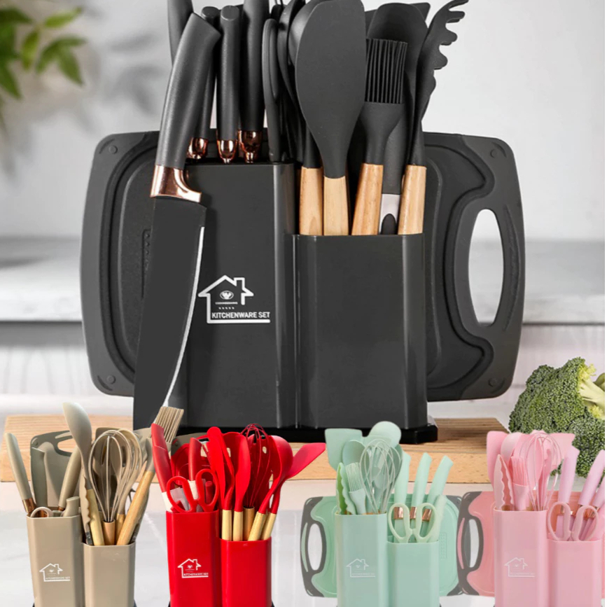 Kit 19 Peças Jogo de Utensílios Para Cozinha em Silicone Com Cabo de Madeira Completo / Antiaderente e Resistente
