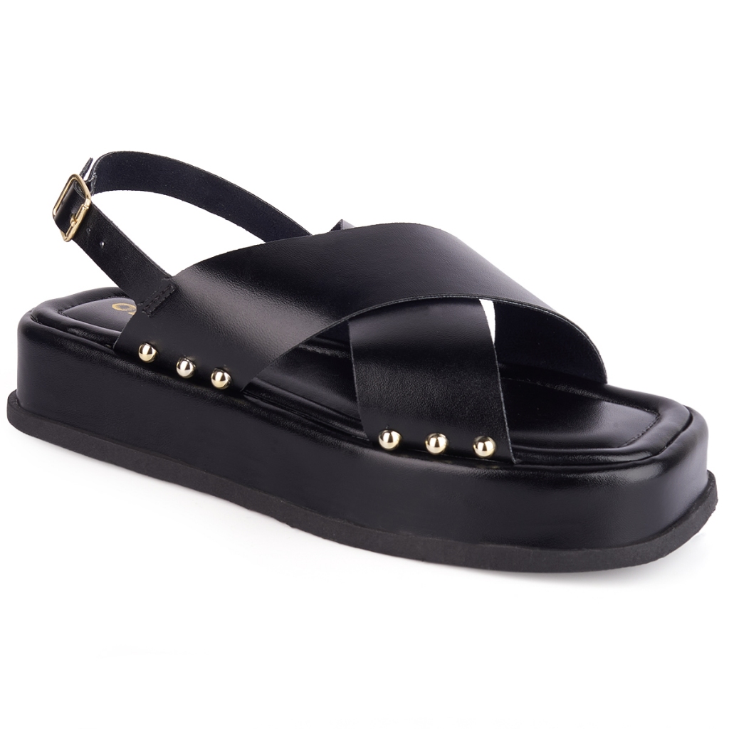 Sandália Flatform Feminina com Tiras Cruzadas e Detalhes em Metal Dourado Confortável Olzzy