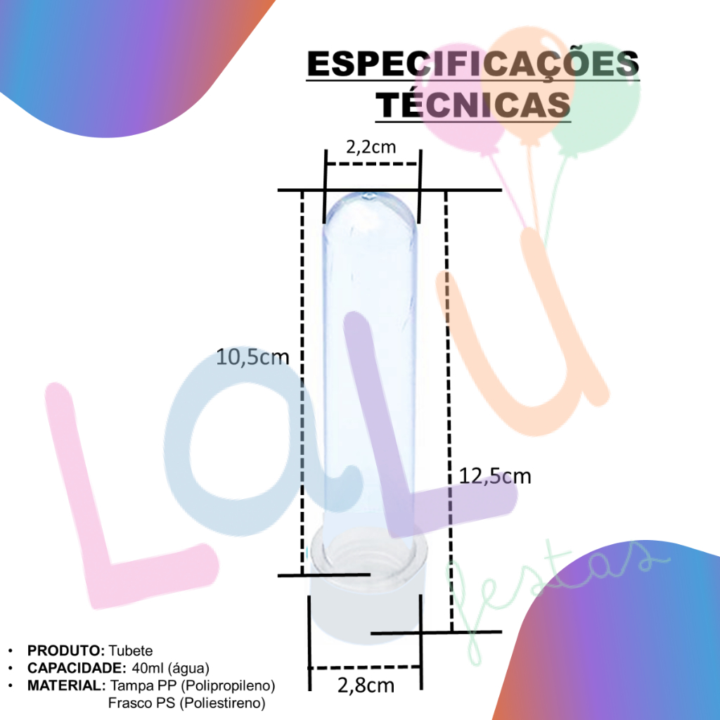 50 unidades Tubetes 13cm - Para Lembrancinhas - Várias Cores