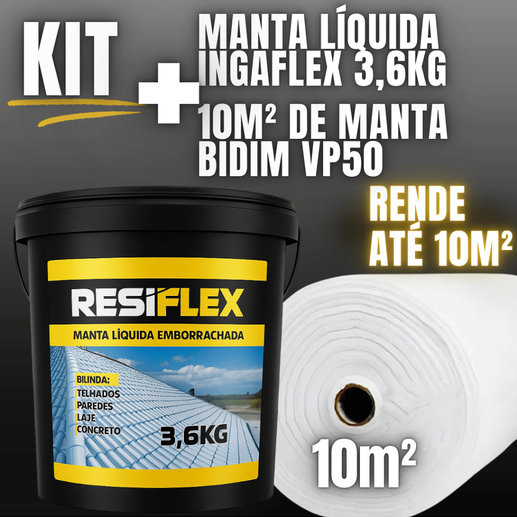 KIT MANTA LÍQUIDA EMBORRACHADA 3,6KG + BIDIM 10M IMPERMEABILIZANTE TELHADO LAJE REFORÇO BIDIM CHUVA