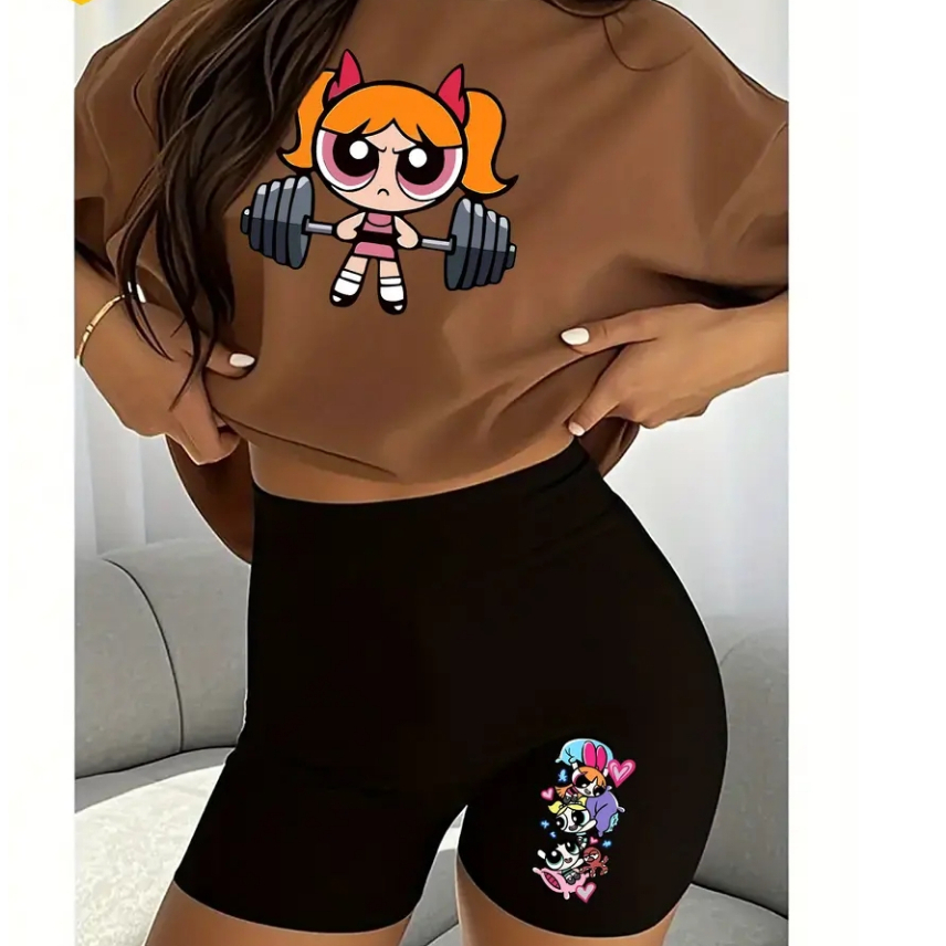 conjunto feminino academia camiseta+bermuda cós alto zero transparencia florzinha meninas super poderosas