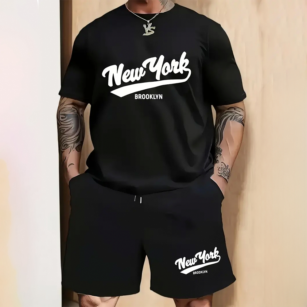 Conjunto Camiseta Algodão E Short Moletom New York Brooklyn City Moda Esportiva Retrô Kit