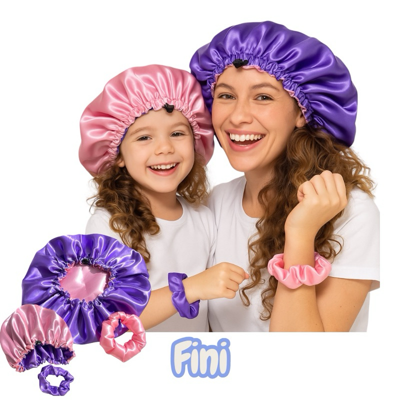 Touca de Cetim Mãe e Filha Dupla Face Ajustável + Xuxinha Brinde | Anti Frizz Proteção Cabelos (Infantil M + Adulto G)