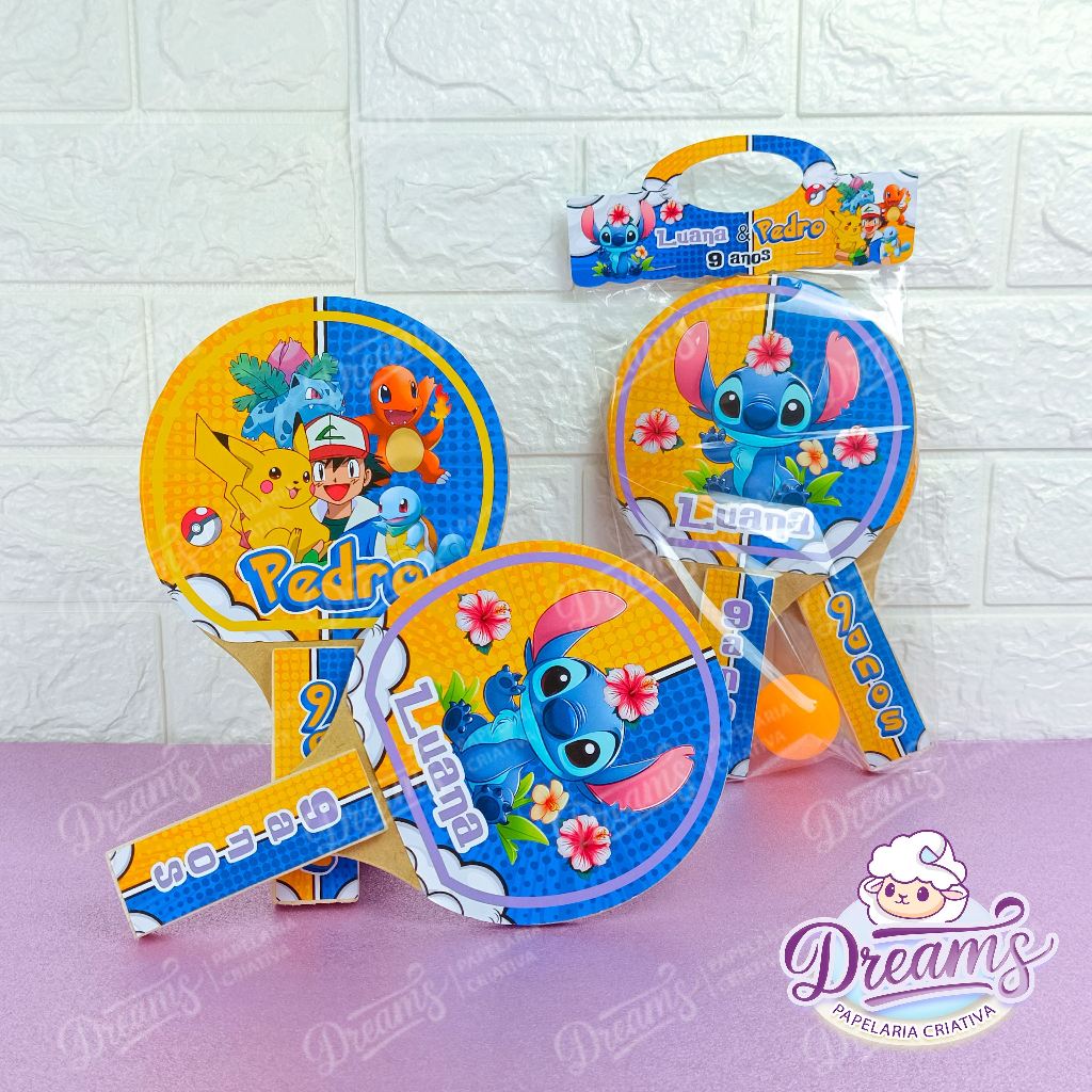 30 Raquetes de Ping Pong Personalizadas festa Stich e Pokemon (Fazemos qualquer tema)