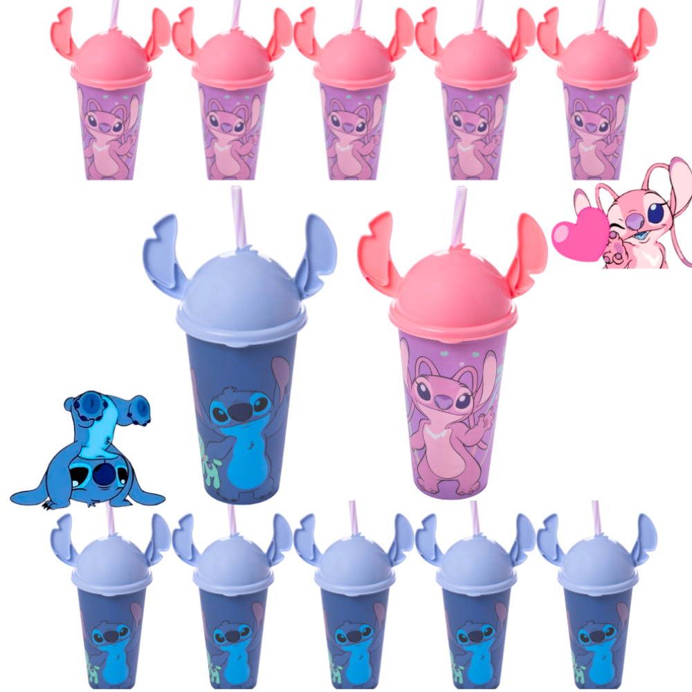 Copos Stitch Angel 500ml Plasútil C/ Tampa Ludica Canudo Orelhinha Cinema colecionável Infantil