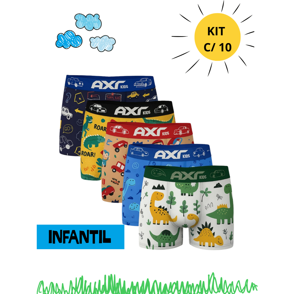 Kit 10 Cuecas Boxer Infantis Microfibra | Lisas e Estampadas | Ideal para Escola e Atividades do Dia a Dia em Oferta na Shopee
