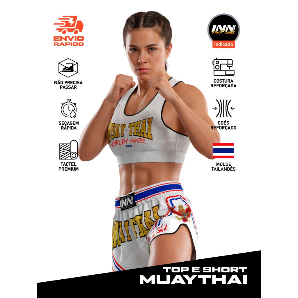 Top e Short Conjunto Muay Thai Garuda Branco Treino Feminino em Oferta na Shopee