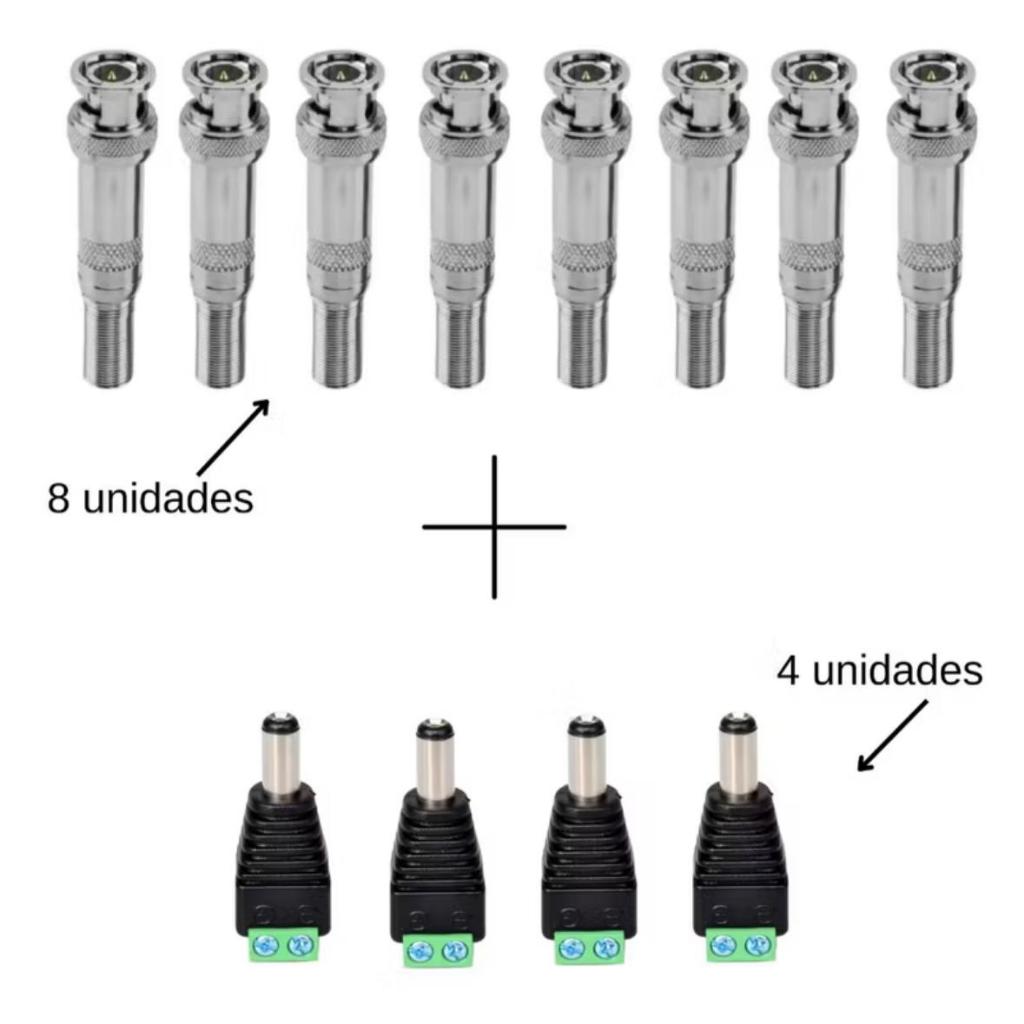 kit c/ 8 conector bnc mola e 4 p4 macho p/ instalaçao de 4 cameras de segurança em Oferta na Shopee