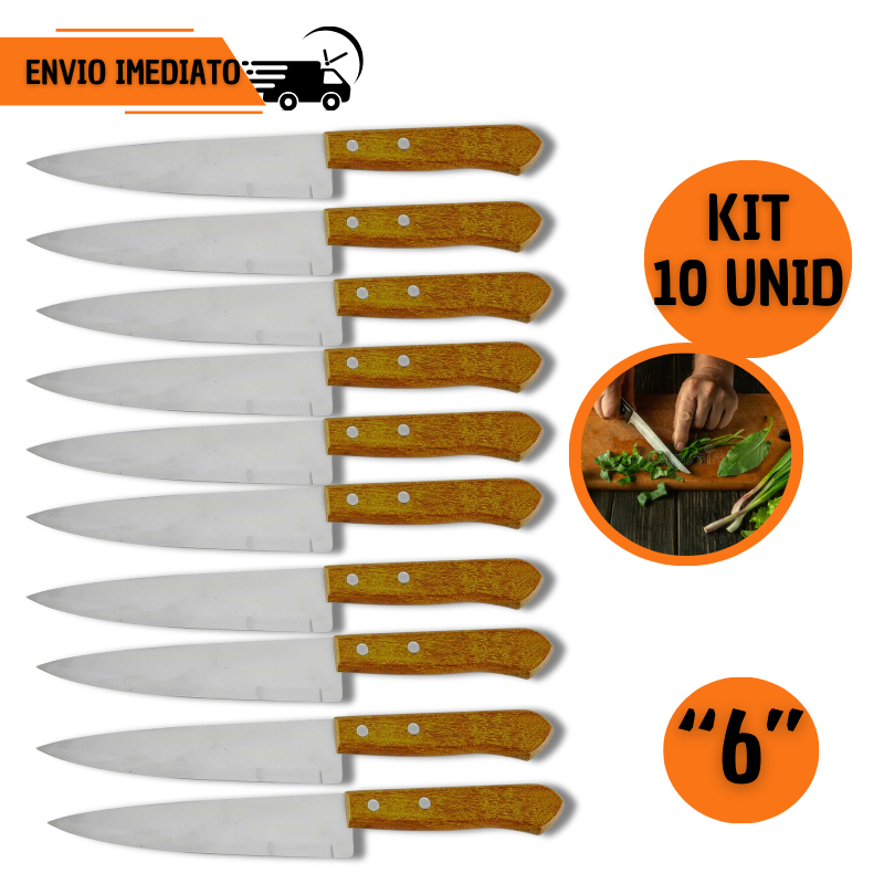 Kit 10 Facas de Cozinha de 6" em Inox Cabo Madeira Carne Cozinha Açougueiro em Oferta na Shopee